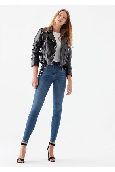 Terranova Ella A.c.a.i.p blugi anii 90 de culoare albastră cu talie foarte înaltă, elastici, skinny (PACKER)