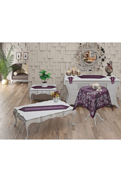 WENESSİ В'язаний комплект для вітальні з квітковим візерунком (6 предметів) (фіолетовий)