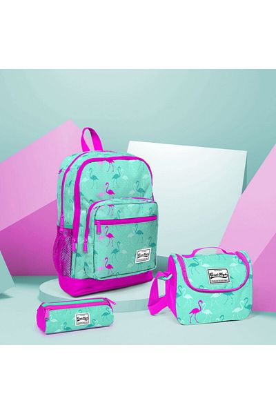 Coral High Set de genți din 3 piese cu model flamingo roz-apă verde pentru copii