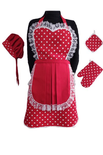 MoT Dekor Red Kitchen Apron Bonnet Holder Gloves Set of 4
