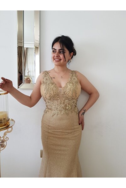 FERGAN Kadın Krem Balık Abiye Elbise