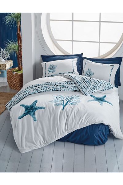 Cotton Box Σετ Παπλωματοθήκη Star Navy Blue -cottonbox Maritime Ranforce Μονό