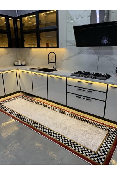 Brillant Rosen Model Damalı Kaymaz Taban Mutfak Halısı - Gri-bordo