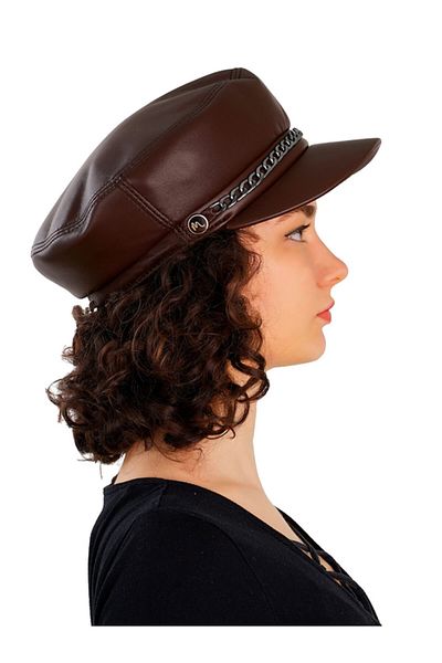 Mumcu's Leather Brown Leather Women's Captain Sailor Type Satin Lined Cap Hat
