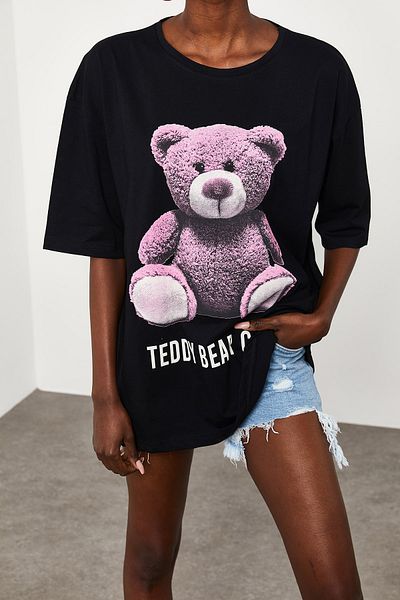 XHAN Women's Black Teddy Bear Printed Casual T-Shirt 1KZK1-11552-02
