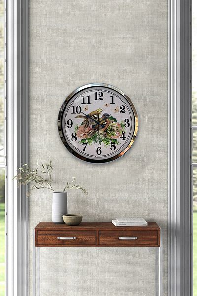 Kasva Concept Gift 40 cm Chrome Metal Birds Wall Clock