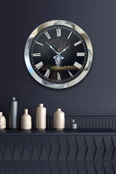 Kasva Concept Gift 36 cm Chrome Metal Vase Flower Wall Clock