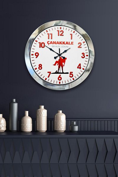 Kasva Concept Gift 36 cm Chrome Metal Wall Clock in Commemoration of Canakkale
