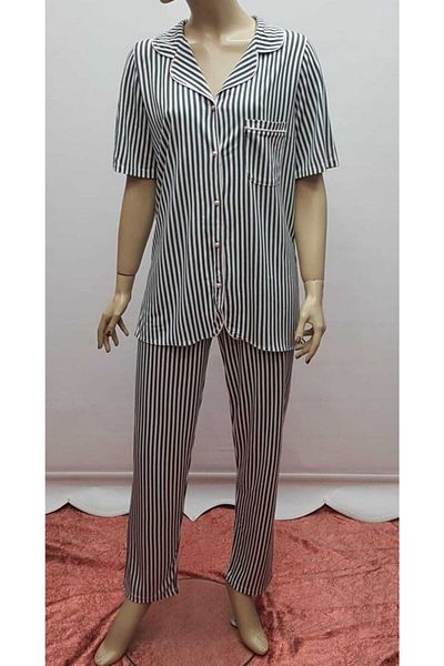 Nena World Front Buttoned Collar Women's Pajamas Set Gray Striped