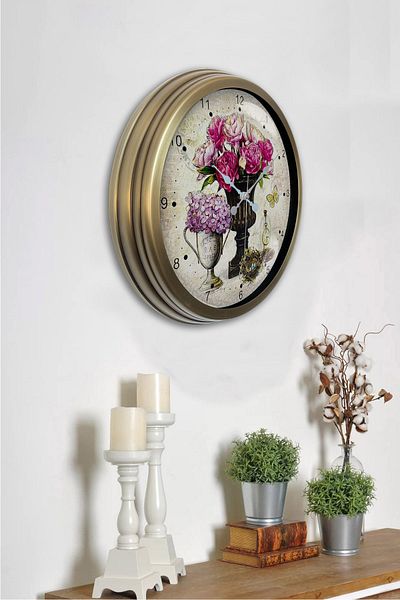 Kasva Concept 40 cm Antique Metal Pink Flower Wall Clock