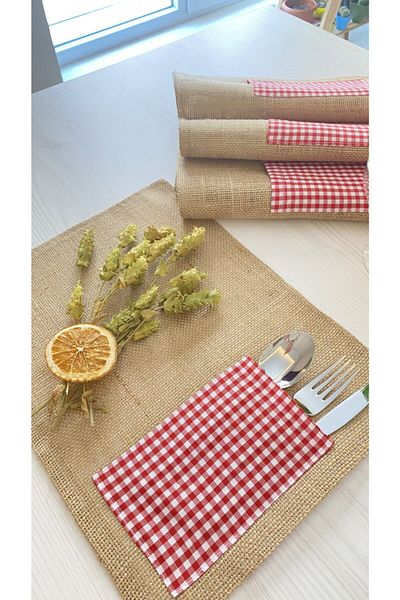White Alamode Seria Gingham Red White Squared Jute American Service Set de 4