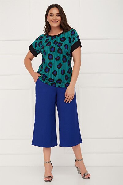 Seamoda Plus Size Leopard Pattern 4 Seasons Mom Comfort Casual Blouse-Turquoise