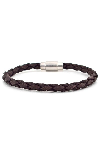 Solfera Men's Knitted Real Leather Metal Clip Brown Bracelet Bt507