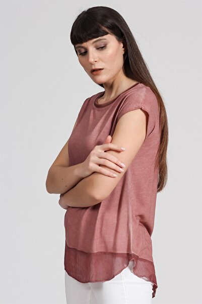 Seamoda Women's Hem Chiffon Oil Washed Tshirt-Light Tile PRA-236849-326973