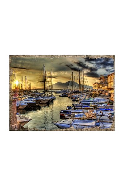 Cakatablo 25cmX35cm Ahşap Tablo Yat Limanı Gökyüzü Gün Batımı