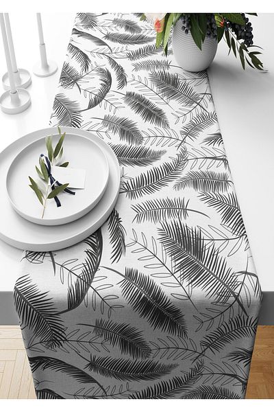 Pilloveland Runner țesut din piele intoarsa cu model frunze negre 140*40 cm