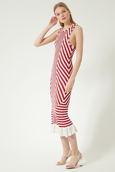 JOIN US Rochie de tricot cu volane cu dungi roșii pentru femei JU8S407