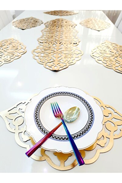 SEHARA 7 Parçalı S.deri Yemek Sunum Takımı(1 Runner,6 Suppla)kalamış Gold