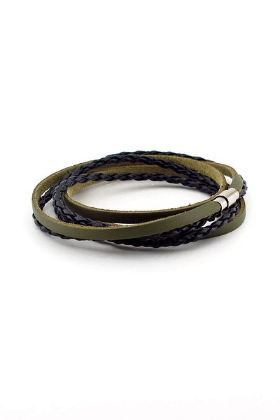 Solfera Men's Three-Row Wrapped Green Black Genuine Leather Bracelet BT354