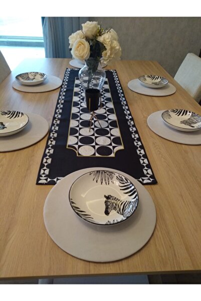 Ayşemce Σετ τραπεζομάντηλων αμερικάνικου στυλ, ασπρόμαυρο στρογγυλό τραπεζομά...