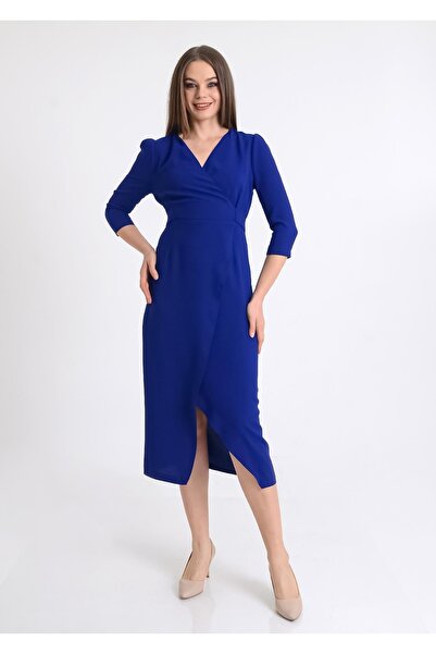 SpringStore Saks V Yaka Beli Kuşaklı Abiye Elbise