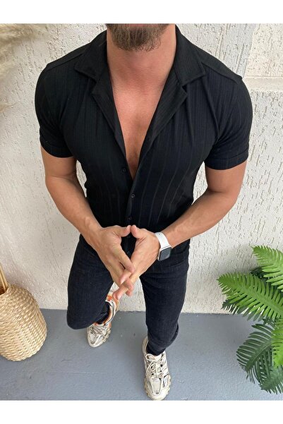 HAWKKİNG Ανδρικό καλοκαιρινό κοντομάνικο πουκάμισο με μαύρο σχέδιο