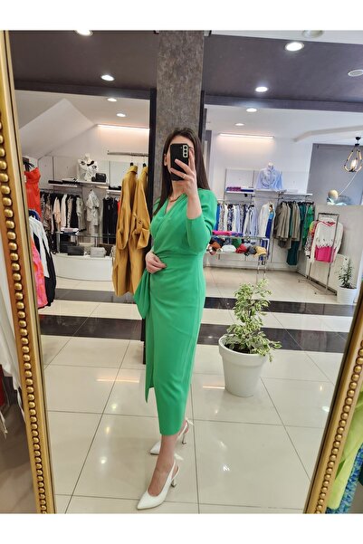 KAMEYA Crepe Fabric Double Breasted Collar Dress 40241/green/38 Bede