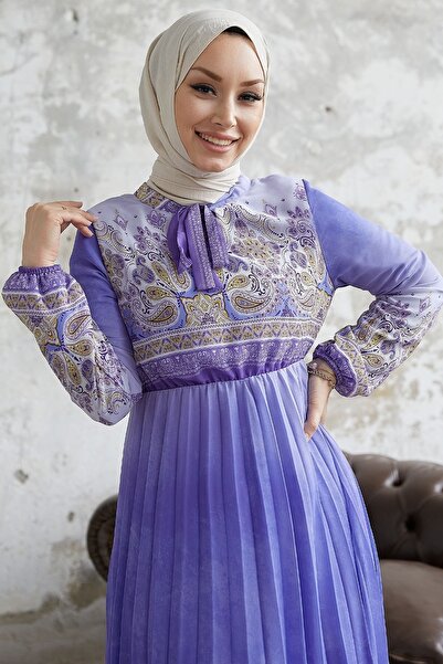 InStyle Lovella Desen Kuşaklı Şifon Elbise - Lila