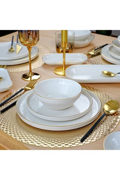 Glore Krem Altın Yaldızlı 24 Parça 6 Kişilik Seramik Yemek Takımı