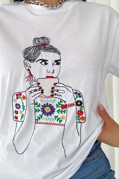 FEMELLE Women's White Design Embroidered 100% Cotton T-Shirt