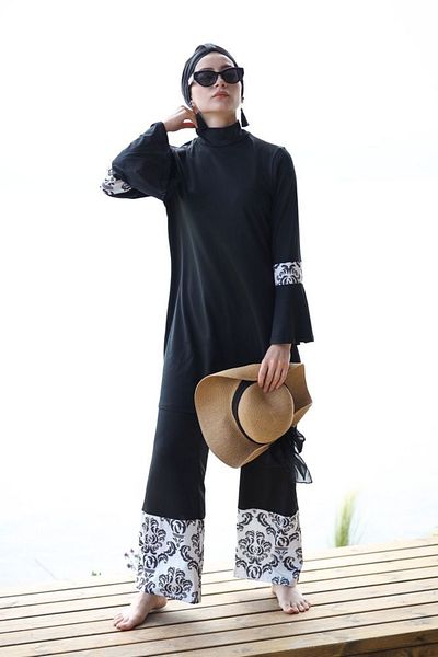 Marina Rope Tied 4-Piece Black Patterned Fully Covered Hijab Swimsuit 1958