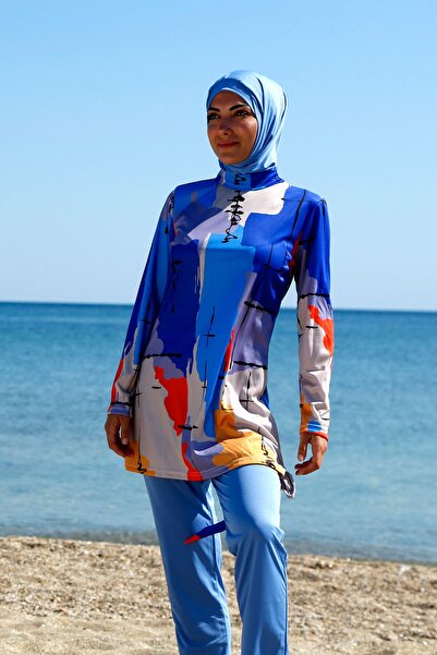 Riva Mera Costum de baie Rivamera cu model albastru, 3 piese, cu hijab acoperit complet R1109