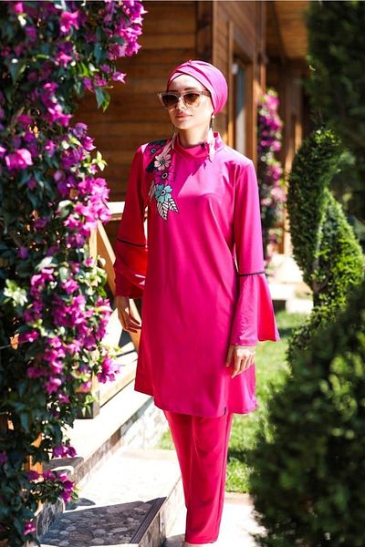 Marina 4-Piece Fuchsia Flower Detailed Fully Covered Hijab Swimsuit M2008