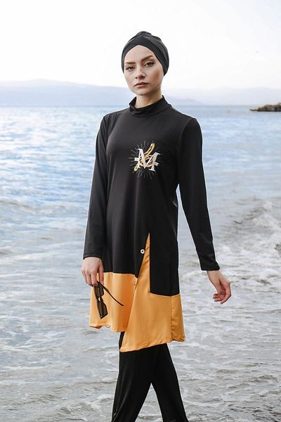 Marina 4-Piece Black Color Detailed Fully Covered Hijab Swimsuit M2016