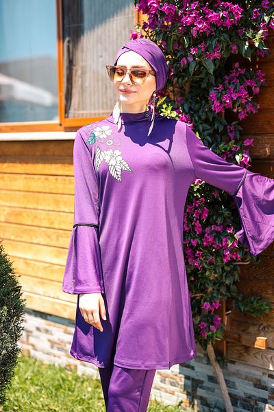 Marina 4-Piece Purple Flower Detailed Full Covered Hijab Swimsuit M2008