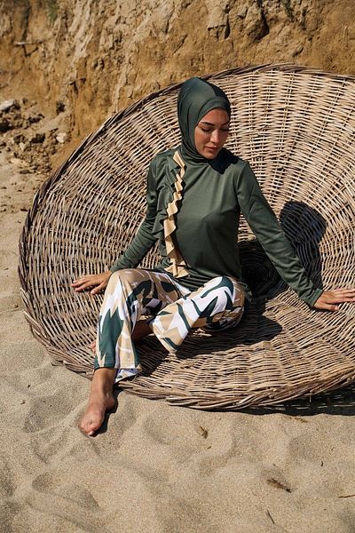 Riva Mera Rivamera 4-Piece Khaki Flounce Detailed Fully Covered Hijab Swimsuit R1105