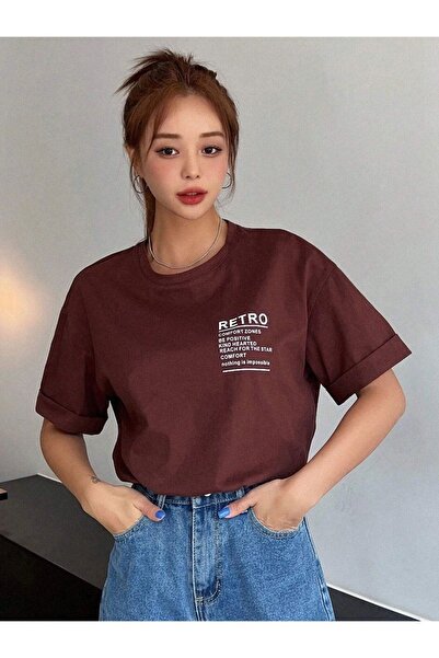 ORLONTEX Μπλουζάκι Unisex καφέ ρετρό με στάμπα Oversize Crew Neck