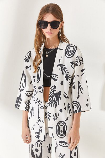 Olalook Dámské vzorované černé vzorované plátěné kimono KMN-00000059