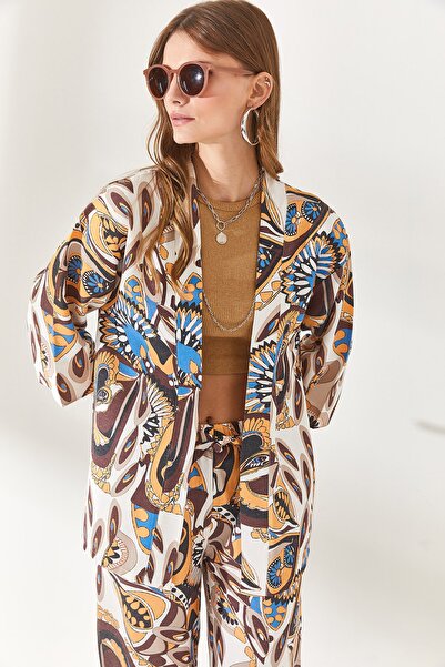 Olalook Women's Shawl Brown Patterned Linen Kimono KMN-00000059