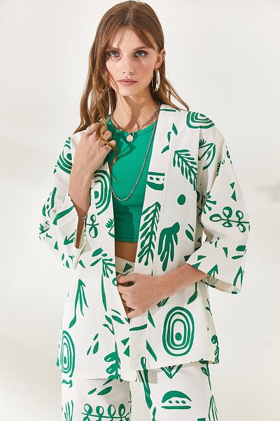 Olalook Gemusterter grüner Leinenkimono für Damen KMN-00000059