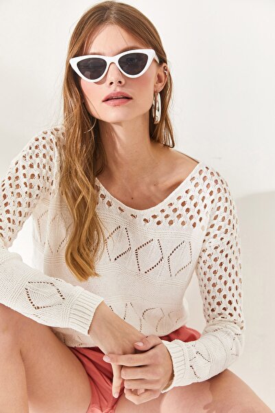 Olalook Dámská ecru prolamovaná halenka z bavlněného úpletu s geometrickým vzorem BLZ-19002274