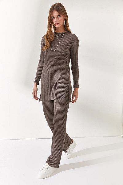 Olalook Damen Nerz Top Schlitz Bluse Unterteil Palazzo Kordel Anzug TKM-19000180