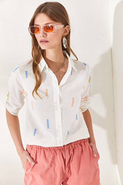 Olalook Kadın Ok Turuncu Mavi Kol Katlamalı Keten Gömlek GML-19000825