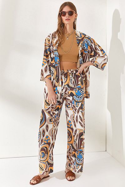Olalook Women's Shawl Brown Belted Patterned Linen Palazzo Trousers PNT-19000226