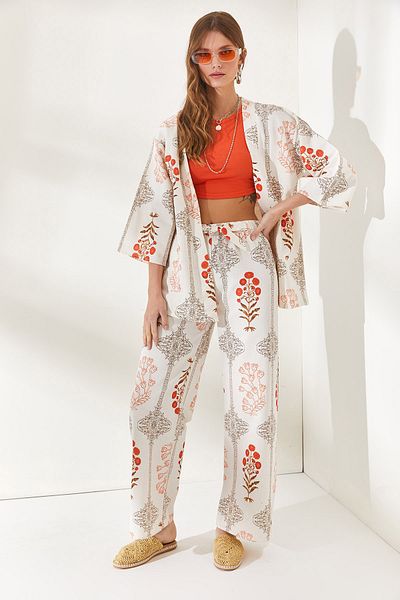 Olalook Women's Ethnic Orange Belted Patterned Linen Palazzo Trousers PNT-19000226