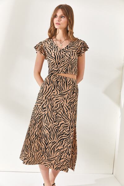 Olalook Дамска горна блуза Camel Zebra Комплект пола с долна цепка TKM-19000198