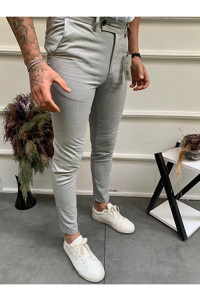 Ser Joven Men's Light Gray Slim Fit Double Button Fabric Trousers
