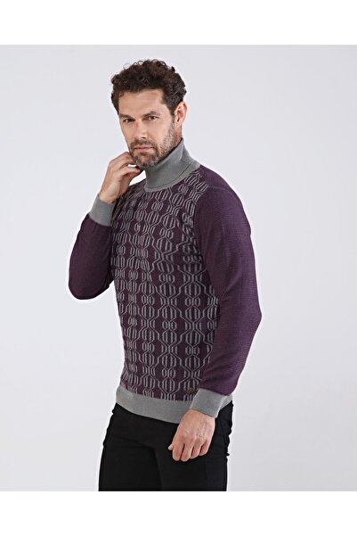 Çizgi Triko Men's Full Turtleneck Cotton Knitwear Gray Sweater Patterned Sleeve and Waist Elastic Regular