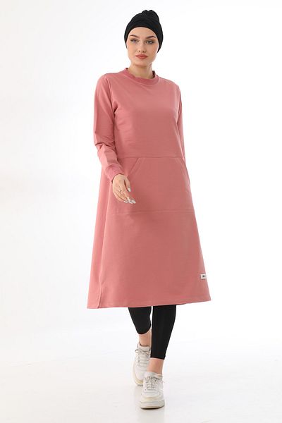 Elif Okur Long Tunic with Hijab Pockets 110cm Dried Rose 1402