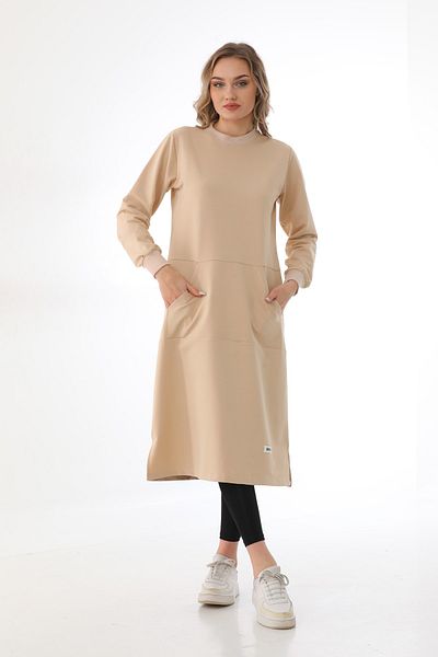 Elif Okur Long Tunic with Hijab Pockets 110cm Beige 1404